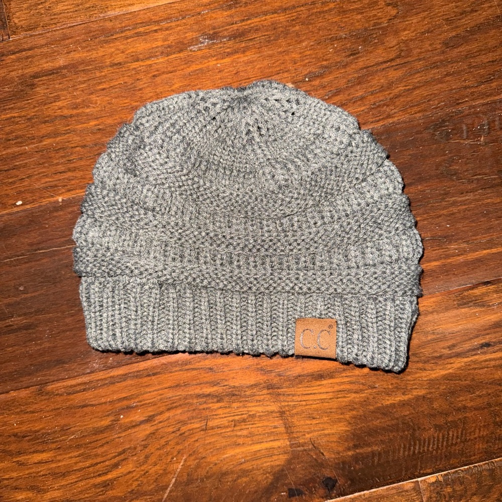 C.C Gray Knit Slouchy Beanie with Leather Logo